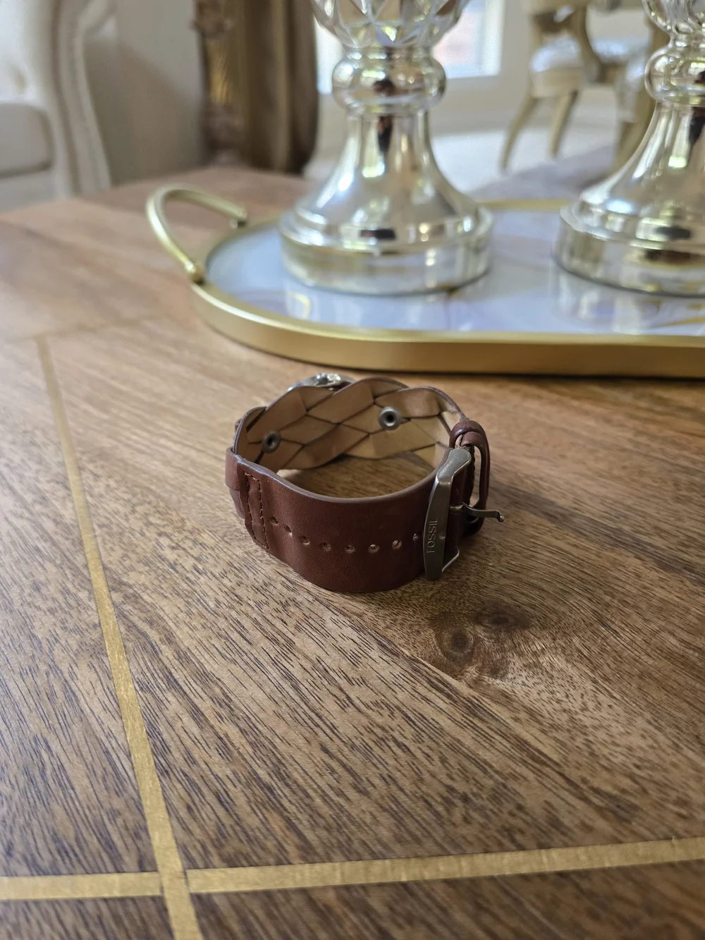 Fossil Brown Leather Cuff Watch with Silver Case and White Dial
